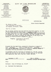 Letter from the City of Los Angeles designating Crossroads of the World Historic-Cultural Monument #134; Sept. 1977