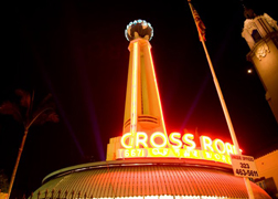 Klieg lights frame the Crossroads tower and globe. Photo courtesy of Martha Adams, 2009.